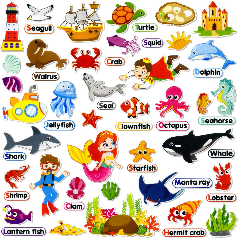 PENGFULL Felt Flannel Board Story Pieces for Toddlers Preschool,Kids Interactive Storytelling Teaching Play Kits for Felt Flannel Board,with Words Pieces(Marine Animals)