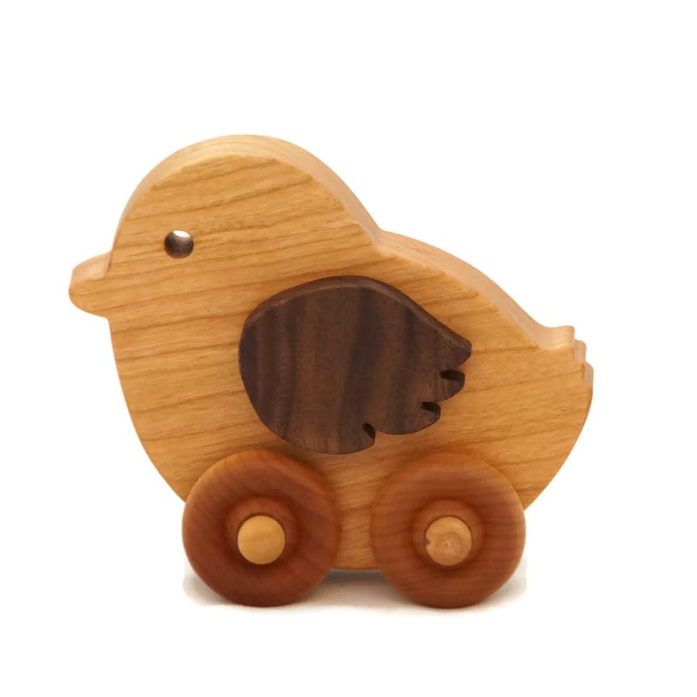 Wooden Chicken Toy Car  Easter Basket Gift for Toddlers & Kids, Handmade Wooden Push Toy, Natural Wood Farm Animal Toy