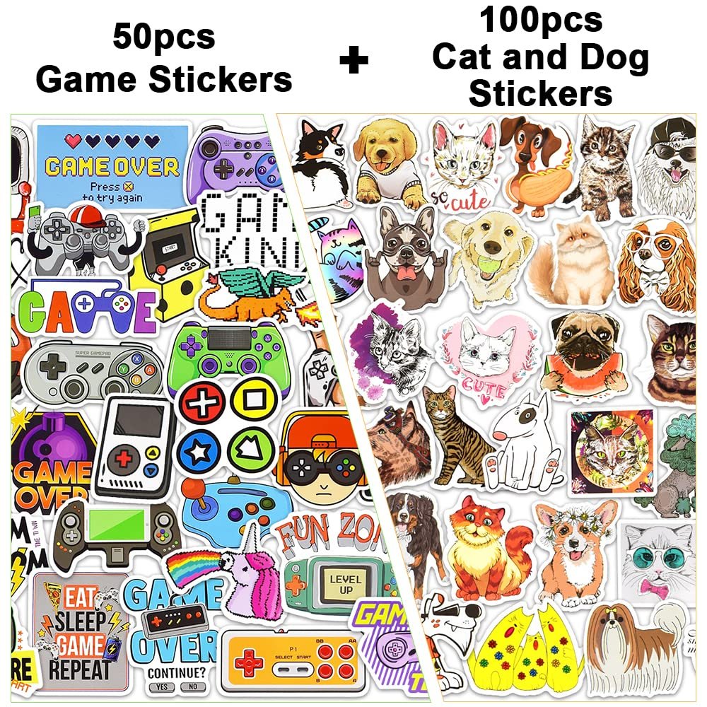 150Pcs Stickers for Kids Game Stickers and Dog and Cat Stickers for Water Bottle Waterproof Vinyl Stickers for Laptop