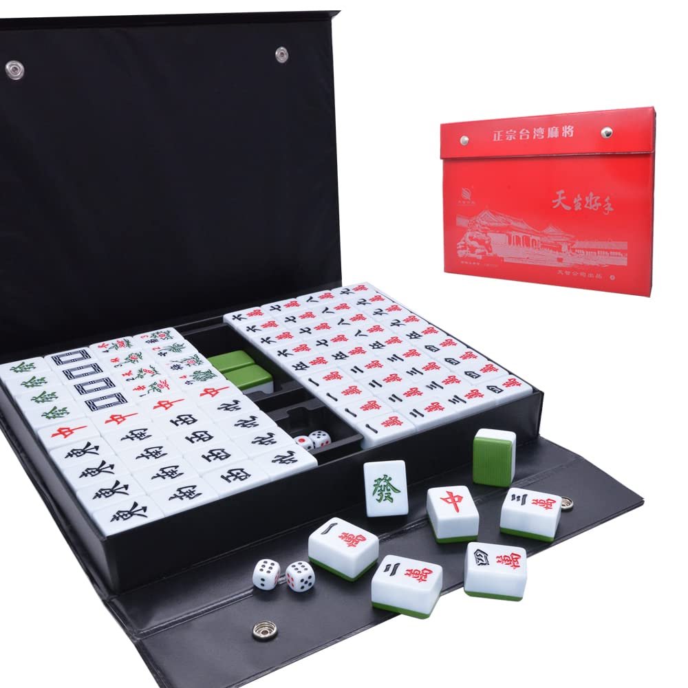 drizzle Chinese Mahjong Game Set - 146 Medium Size Tiles 1.3inch with Instructions - Professional Mah Jong Play Green []