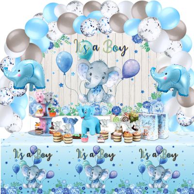 Baby Shower Decorations 121 Pieces Elephant Party Supplies Include Backdrop Banner Balloons Tablecloth and Cake Toppers for Gender Reveal Elephant Theme Birthday Party(Boy Style)