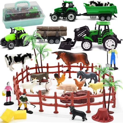 Farm Animals Figures Playset, 40 Pcs Farm Toy Tractor with Plastic Farm Animals Figurines, Farmer and Fence Farm Playset, Farm Figures Farmer Truck Toy with Trailer for Kids Boys Girls Toddlers 3+