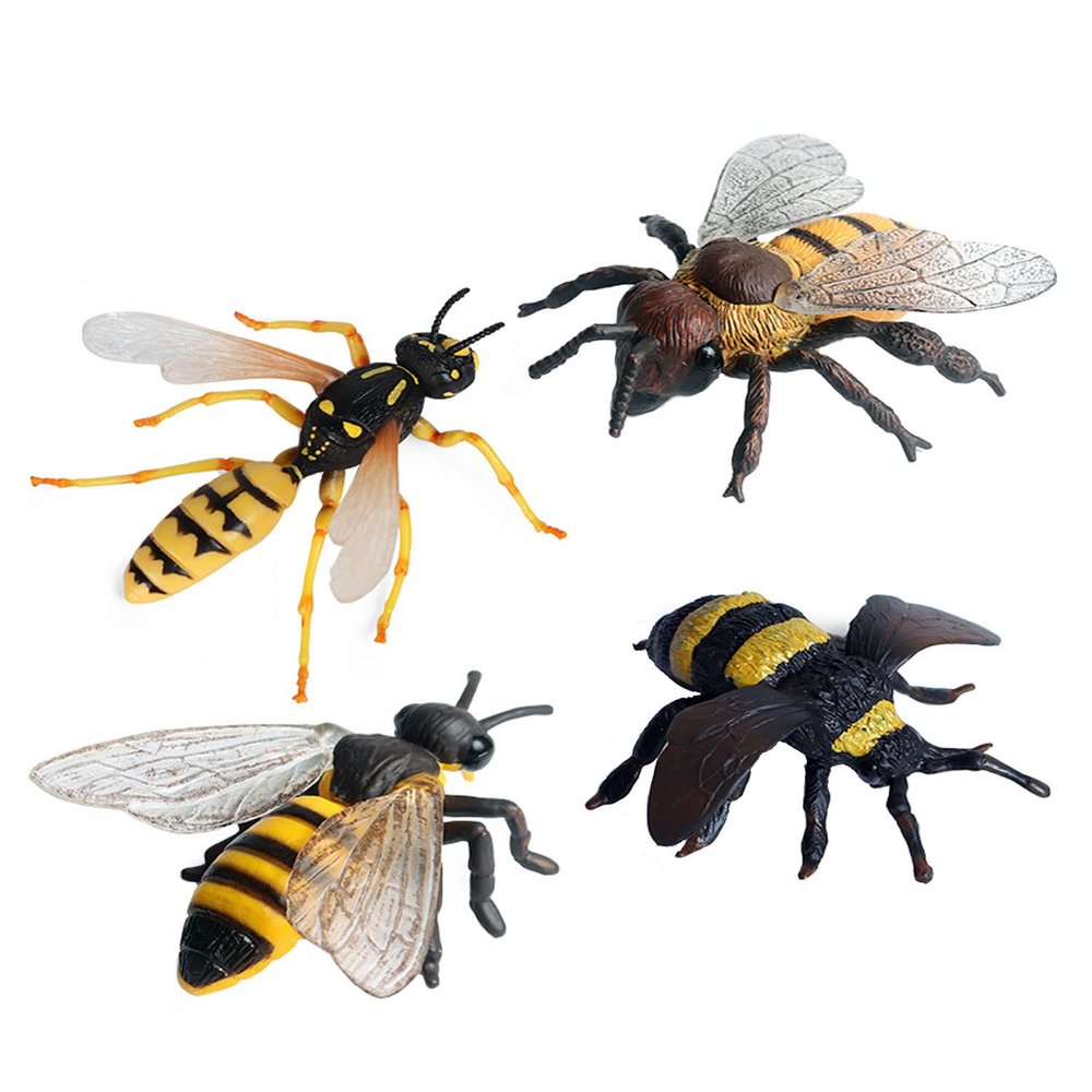 FLORMOON 4PCS Bee Figurines Honeybee Insect Toy, Science Project, Cake Topper, Early Educational Toys Birthday for Toddlers Kids Age 3 4 5