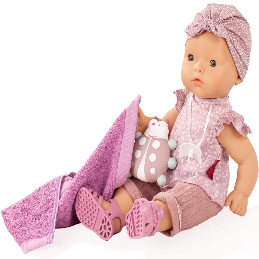 Gotz Maxy Aquini 16.5" All Vinyl Bath Baby Doll with Blue Sleeping Eyes, Vintage Styled Outfit, Rubber Sandals & Accessories