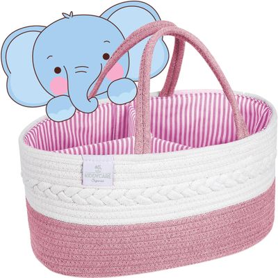KiddyCare Woven Diaper Caddy Organizer, Large Gray Multi Functional Portable Baby Basket with Handle, Baby Gift for Boy/Girl Nursery Storage, Organization, and Modern Car Diaper Caddy Pink X-Large