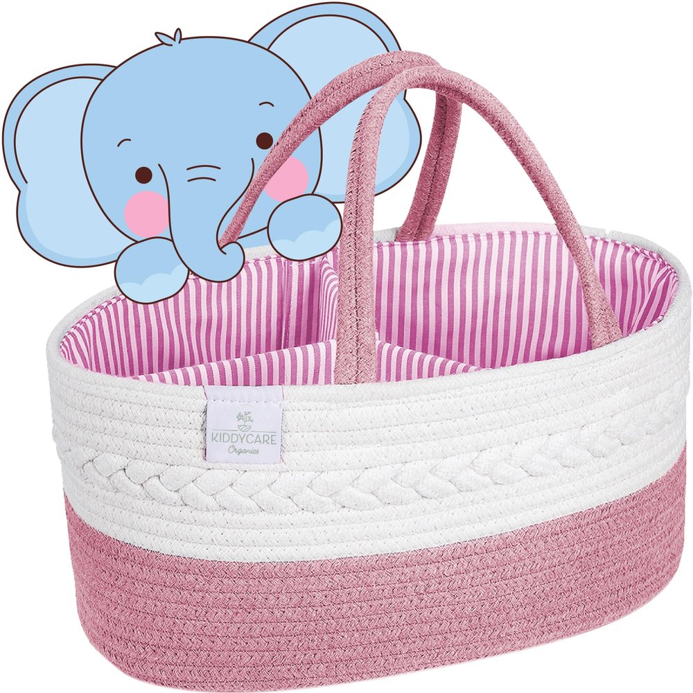 KiddyCare Woven Diaper Caddy Organizer, Large Gray Multi Functional Portable Baby Basket with Handle, Baby Gift for Boy/Girl Nursery Storage, Organization, and Modern Car Diaper Caddy Pink X-Large