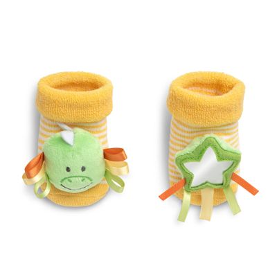 DEMDACO Dinosaur 3-6 months Yellow and Green Baby Rattle and Mirror Activity Sock Set