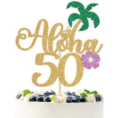 Gold Glitter Aloha 50 Cake Topper, Hello 50/Cheers to 50 Years/Happy 50th Birthday/Anniversay, Tropical Hawaiian Themed 50th Anniversary/Birthday Party Decorations