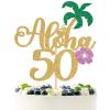 Gold Glitter Aloha 50 Cake Topper, Hello 50/Cheers to 50 Years/Happy 50th Birthday/Anniversay, Tropical Hawaiian Themed 50th Anniversary/Birthday Party Decorations view 2