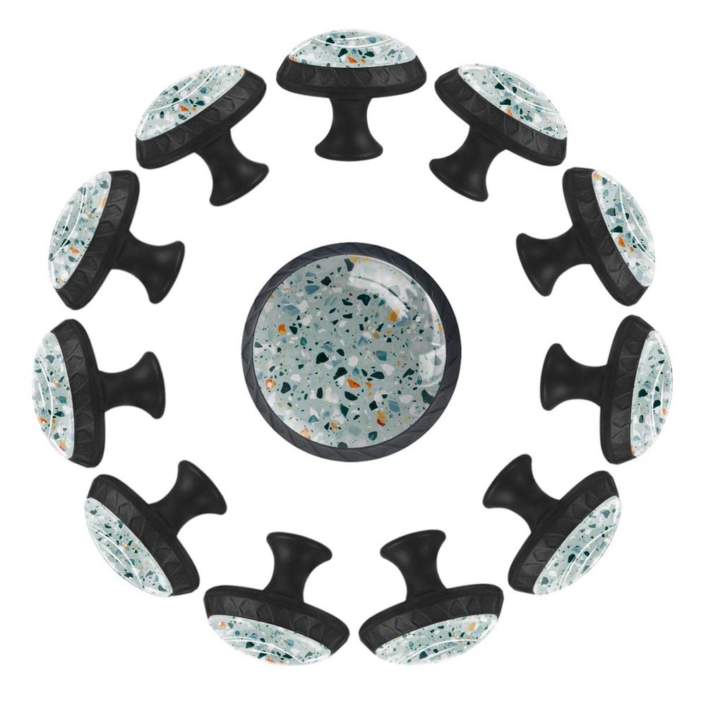 12 Pieces Terrazzo Stone Teal Print Glass Knobs for Dresser Drawers, 1.37 x 1.10 in Round Kitchen Cabinet Pulls for Home Office Nursery Kids Room