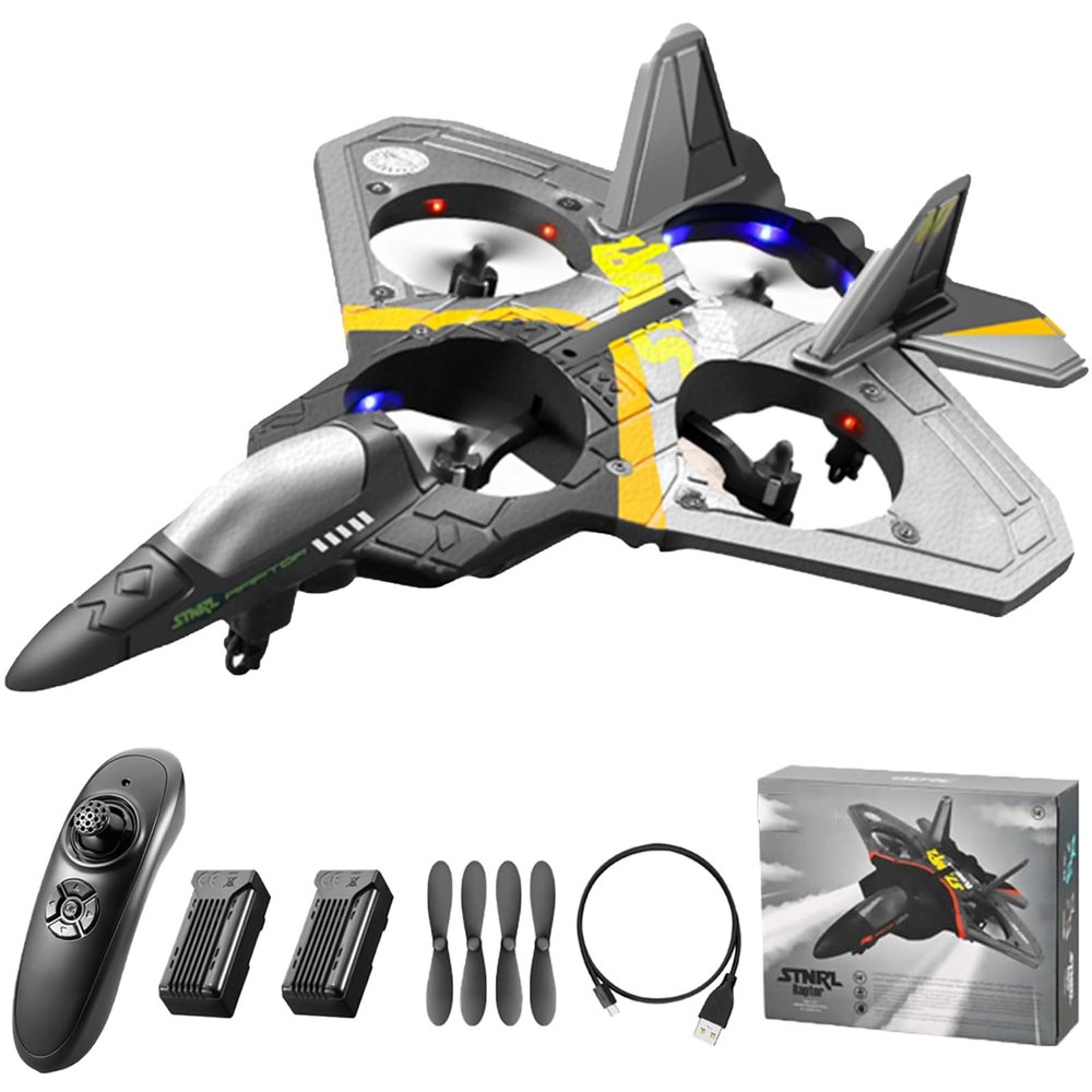 GoolRC V17 Remote Control Plane, 2.4Ghz Foam RC Airplanes Jet Fighter Stunt RC Airplane with Spinning Drone,Gravity Sensing,Stunt Roll,Cool Light,2 Battery forTeens Adults