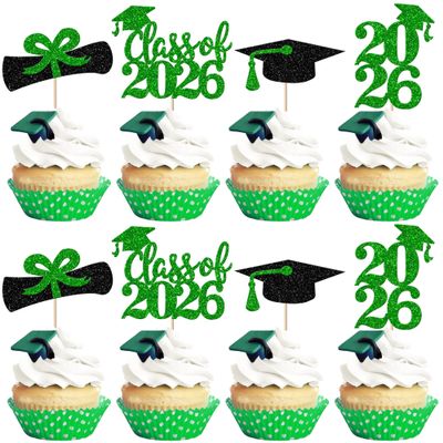 24 Pack 2026 Graduation Theme Cupcake Toppers with Glitter Class of 2026 Diploma Grad Cap Cupcake Picks Decorations for 2026 Graduation Theme School Boys Girls Graduate Party Supplies Green