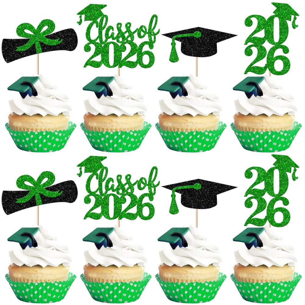 24 Pack 2026 Graduation Theme Cupcake Toppers with Glitter Class of 2026 Diploma Grad Cap Cupcake Picks Decorations for 2026 Graduation Theme School Boys Girls Graduate Party Supplies Green