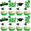 24 Pack 2026 Graduation Theme Cupcake Toppers with Glitter Class of 2026 Diploma Grad Cap Cupcake Picks Decorations for 2026 Graduation Theme School Boys Girls Graduate Party Supplies Green view 1