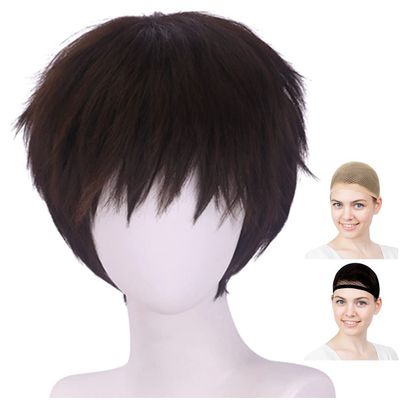 CaseEden Cosplay Wig Neon Genesis Evangelion Anchor Shinji Short Dark Brown White Melce Wig Net Set of 2