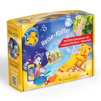 Pustefix Travel Suitcase Set, Soap Bubble Set + Original Pixi Book + Water Ball, Colourful Rainbow Bubbles, Made in Germany, Soap Bubbles for Children and Adults, 250 ml