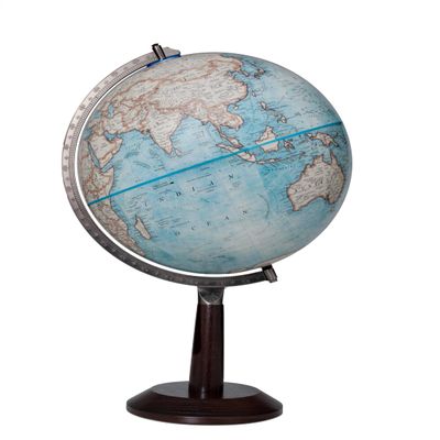 Lincoln 12" Diameter Globe, USA Cartography with with Mountain Relief, Taperedd Walnut Colored Base/Riser and Special Light Blue Designer Globe Ball. The Lincoln Blue Ocean Designer Globe is a truly special globe. Standing 21 tall this 12 diameter