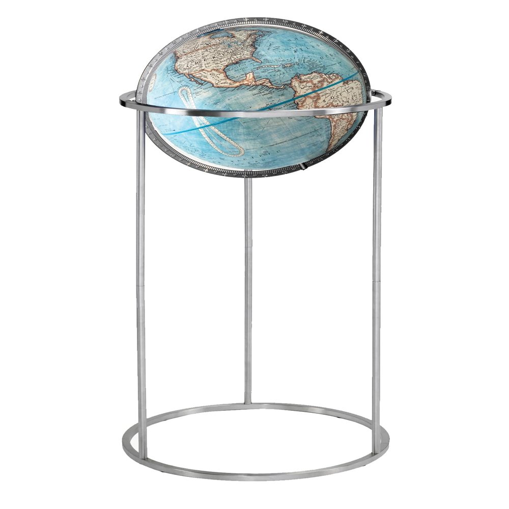 Bergen 12" Diameter, USA Cartography, with Mountain Relief, Blue Ocean Globe Ball and Aluminum Chrome Stand. The Bergen globe features a distinct silver aluminum stand that provides an attractive backdrop for its 12 diameter blue ocean globe. Standi