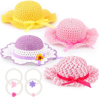 Zhanmai 4 Pcs Tea Party Hats for Girls Sun Dress up Straw Hats for Kids Toddlers with 4 Pcs Pearl Bracelets for Children Costume Birthday Party Supplies Beach Travel Gifts