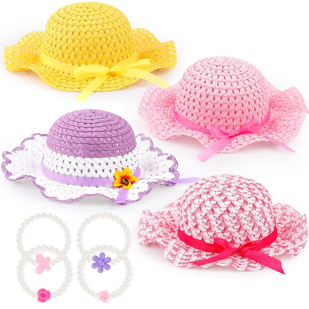 Zhanmai 4 Pcs Tea Party Hats for Girls Sun Dress up Straw Hats for Kids Toddlers with 4 Pcs Pearl Bracelets for Children Costume Birthday Party Supplies Beach Travel Gifts