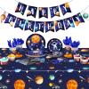 Outer Space Birthday Party Supplies Serve 24 Space Party Tableware Set, Happy Birthday Banner Solar System Tablecloth Paper Plates Cups Napkins Knives Forks Spoons for Solar Theme Activities Decor view 1