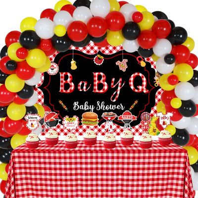 BBQ Baby Shower Decorations - Balloon Arch Kit with Barbecue Baby Shower Backdrop, Red Checked Tablecloth, Baby Q Cupcake Toppers, Summer Outdoor Picnic Themed Party Decorations