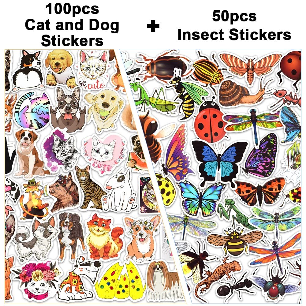 150Pcs Stickers for Kids Dog and Cat and Insect Stickers for Water Bottle Waterproof Vinyl Stickers for Laptop