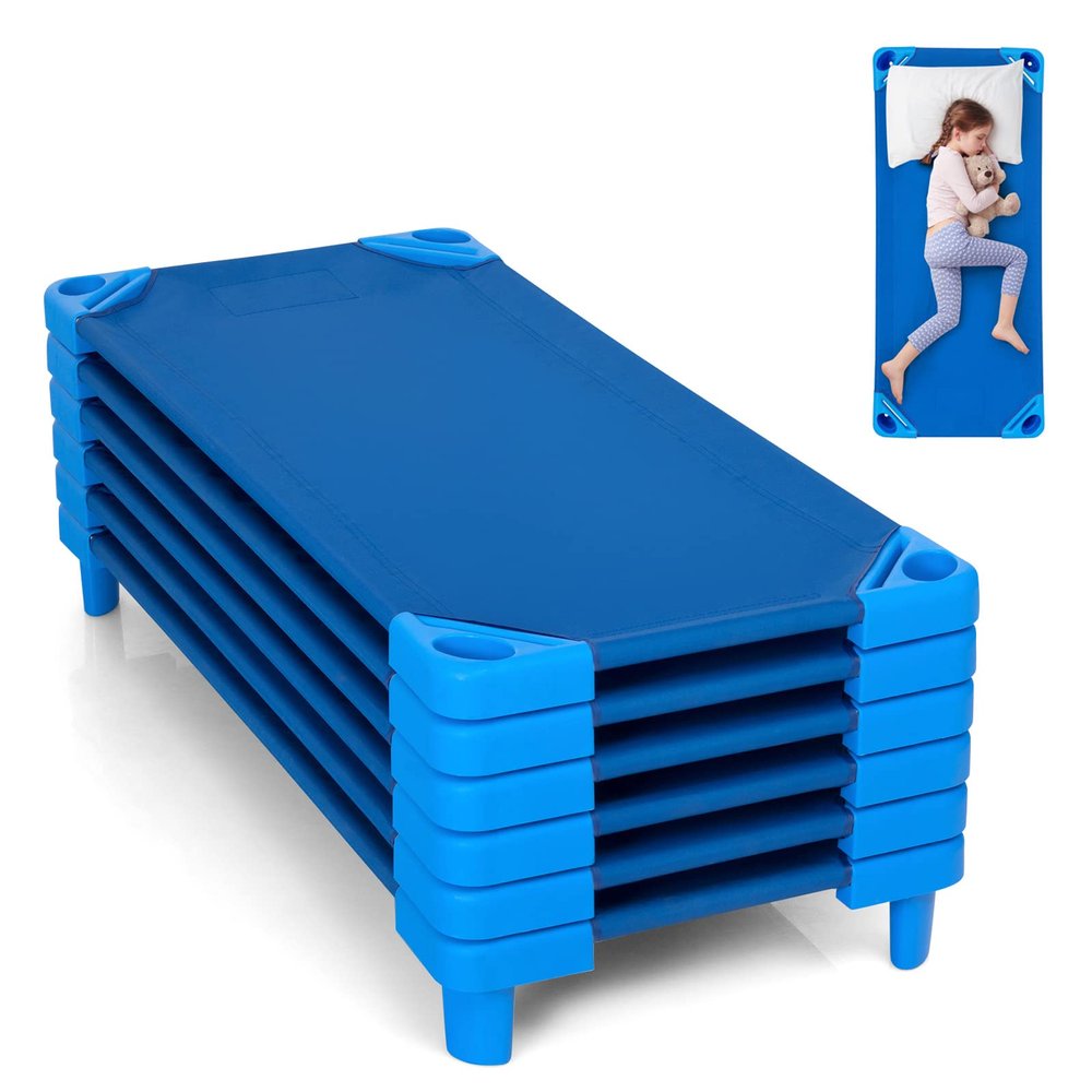KOTEK Stackable Sleeping Daycare Cots for Kids, Portable Toddler Nap Cots, 52" L x 23" W, Ready-to-Assemble, Space-Saving Children Naptime Cot for Classroom Preschool (Set of 6, Blue)