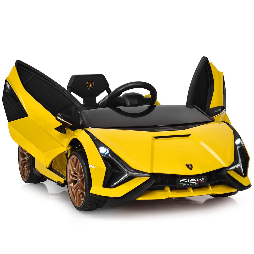 OLAKIDS Kids 12V Licensed Lamborghini SIAN Ride On Car, Electric Vehicle for Toddler with Control Remote, Battery Powered Toy with Music, 2 Speeds, Suspension, LED Lights, Bluetooth (Yellow)