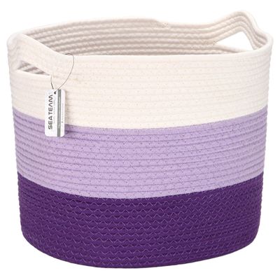 Sea Team Oval Large Cotton Rope Woven Storage Basket with Handles, Diaper Caddy, Baby Shower Basket, Nursery Nappies, Clothes Toys Organizer for Kid's Room, 16 x 13 inches, White & Lavender