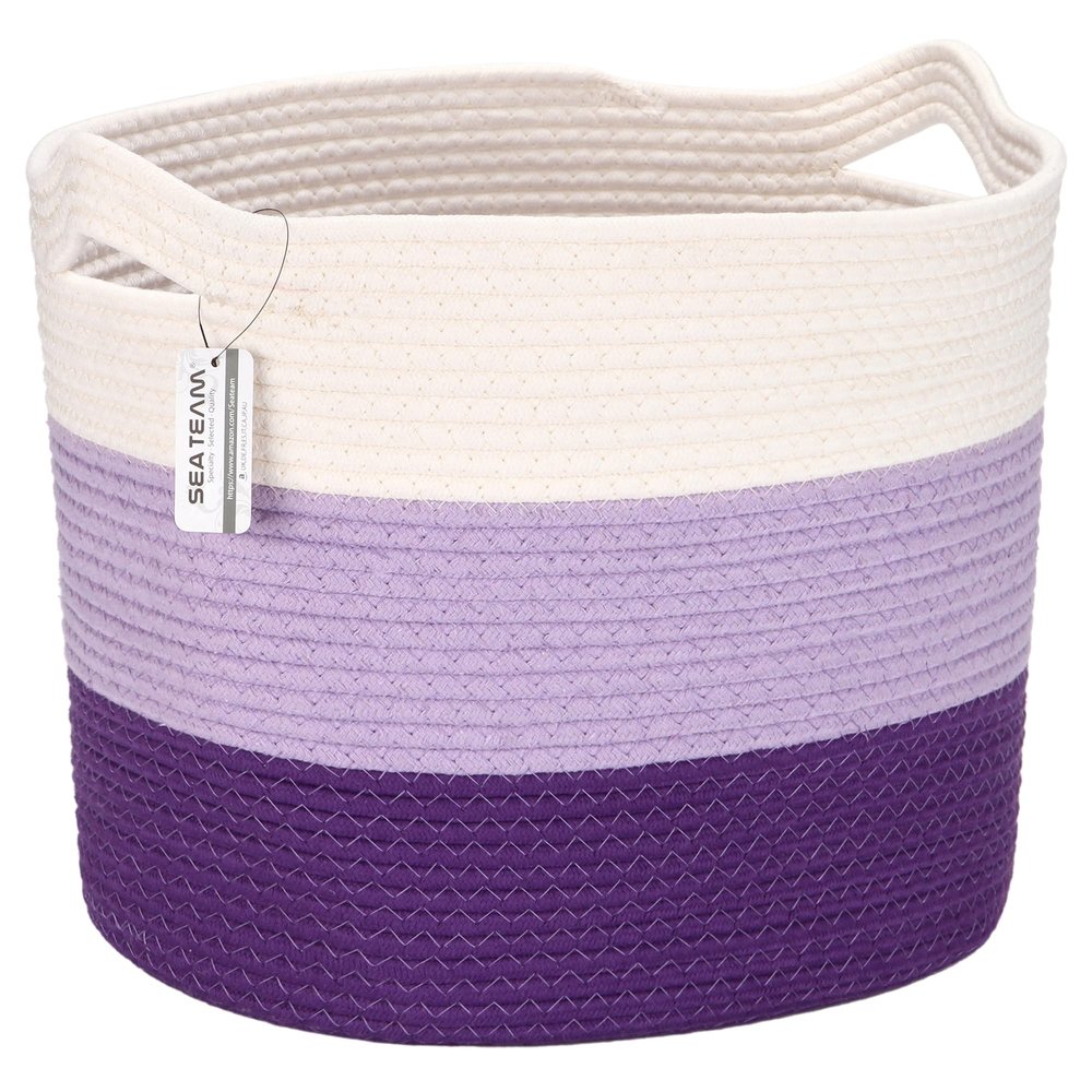 Sea Team Oval Large Cotton Rope Woven Storage Basket with Handles, Diaper Caddy, Baby Shower Basket, Nursery Nappies, Clothes Toys Organizer for Kid's Room, 16 x 13 inches, White & Lavender