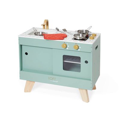 Janod - Wooden Loft Kitchen - Imitation Kitchen and Dinette Toy - Vintage and Contemporary Style - 7 Metal Utensils and Fabric Glove - Water Painting - Suitable for Ages 3 and Above, J06556