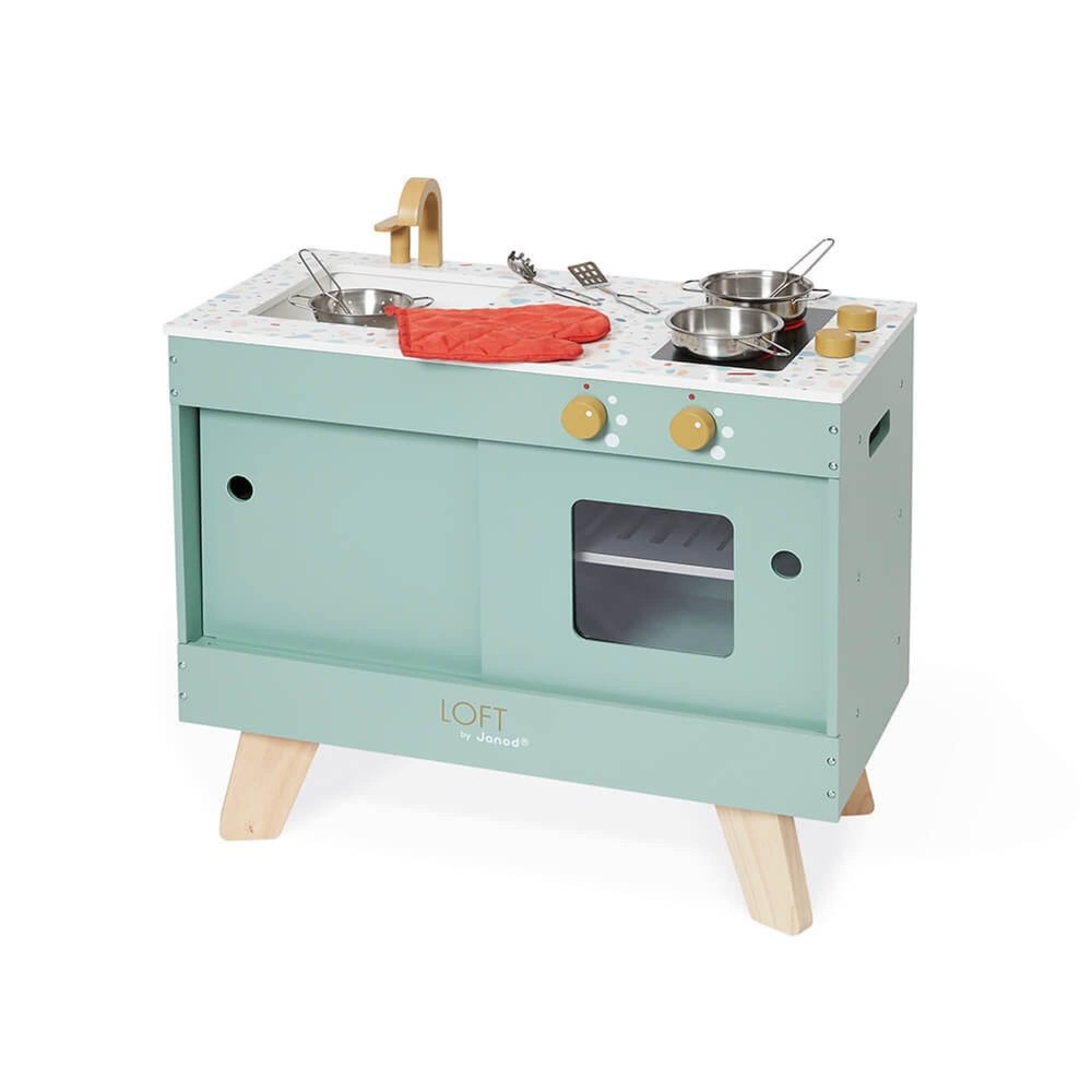 Janod - Wooden Loft Kitchen - Imitation Kitchen and Dinette Toy - Vintage and Contemporary Style - 7 Metal Utensils and Fabric Glove - Water Painting - Suitable for Ages 3 and Above, J06556
