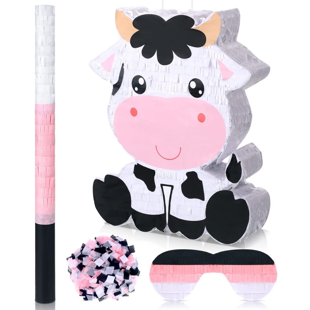 Seematn Cow Piata Bundle with a Blindfold, Bat and Confetti Birthday Party Supplies Large Piata 15.75 x 11.81 x 2.95'' for Kids Boy Construction Party Favors Decor