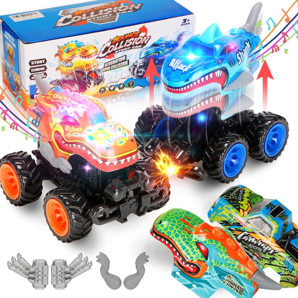 kkmon 2 Pack Exploding Monster Truck Toy with Interchangeable Dinosaur & Shark Bodies, Friction-Powered Light-Up Cars with Sounds, Birthday Gift for Boys Ages 4-7, Easter Basket Stuffer, Kids Car Toys