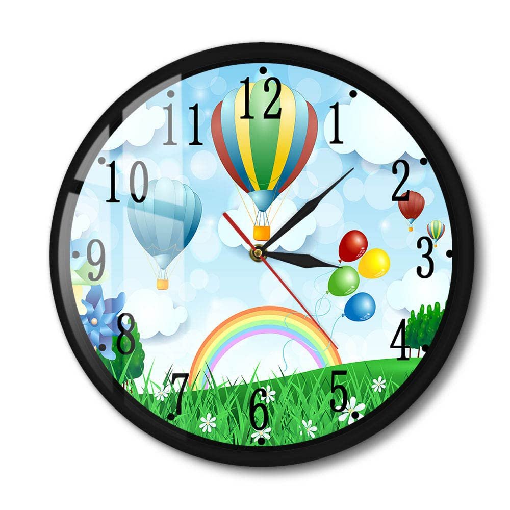Timethink Hot Air Balloon Printed Metal Frame Wall Clock for Kids Room Nursery, Rainbow Blue Sky Black Aluminum Frame Clock with Silent Non-Ticking Battery Operated for Bedroom Living Room