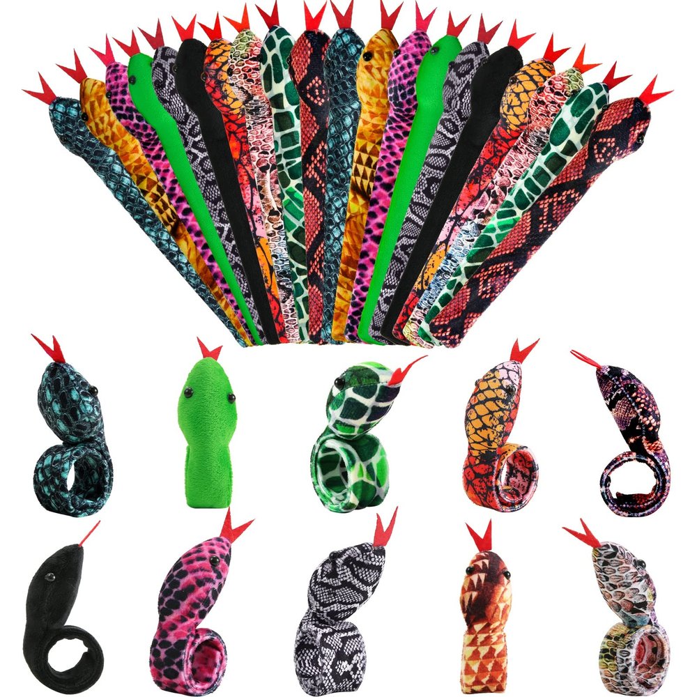 Lewtemi 20 Pcs Snake Slap Bracelets for Kids, Snake Snap Stuffed Bracelet Bulk Snakes Party Favors Animal Slap Bracelets for Birthday Party Favors 10 Assorted Designs