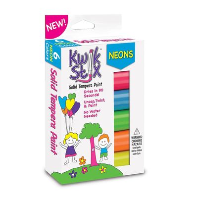 The Pencil GripKwik Stix Solid Tempera Paint Stick, 6 Assorted Neon Colors Per Pack, 6 Packs (TPG610-6)