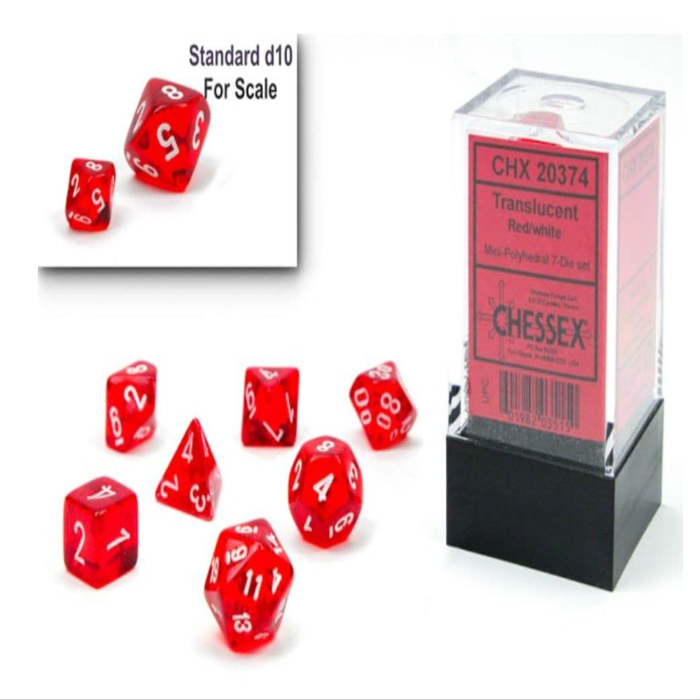 Chessex Dice Set 10mm Translucent Red/White Plastic Polyhedral Dice Set Dungeons and Dragons D&D DND TTRPG Dice Includes 7 Dice - D4 D6 D8 D10 D12 D20 D% (CHX20374)
