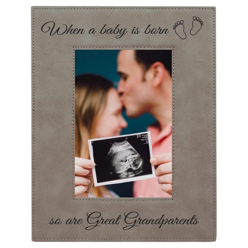 CustomGiftsNow When a Baby is Born so are Great Grandparents Laser Engarved Faux Leather Grey Leatherette Wall Hanging/Tabletop 5x7 Vertical Picture Group Family New Grandchild Baby Photo Frame