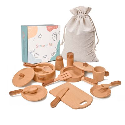 MONT PLEASANT Play Kitchen Accessories Montessori Wooden Toys Kids Kitchen Set Cookware Plates Dishes Pots Pans Cooking Playset 15 Pieces Sensory Toys for Toddlers Girls Boys With Storage Bag
