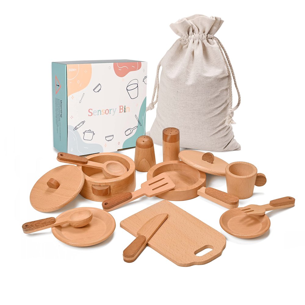 MONT PLEASANT Play Kitchen Accessories Montessori Wooden Toys Kids Kitchen Set Cookware Plates Dishes Pots Pans Cooking Playset 15 Pieces Sensory Toys for Toddlers Girls Boys With Storage Bag