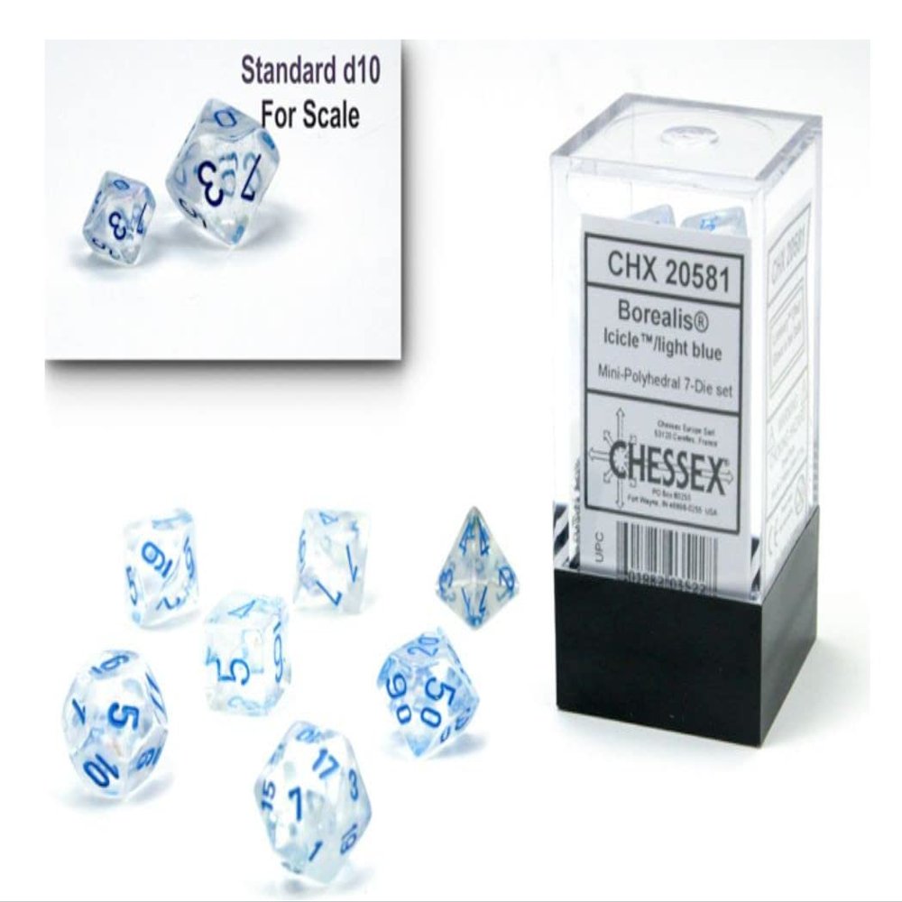 Chessex Dice Set 10mm Borealis Light Blue Luminary Polyhedral Dice Set Dungeons and Dragons D&D DND TTRPG Dice Includes 7 Dice - D4 D6 D8 D10 D12 D20 D%, (CHX20581)