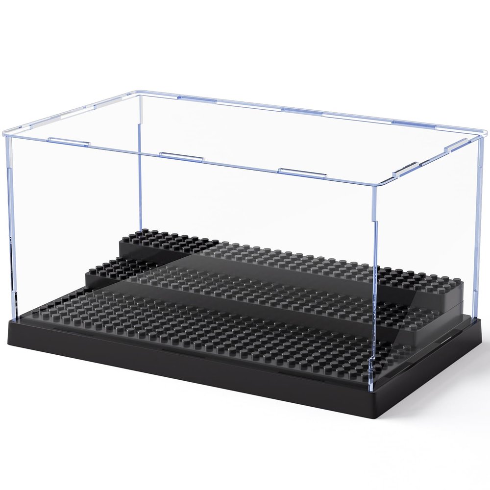 Minifigure Display Case for Action Figures Blocks, Clear Dustproof Acrylic Display Box Storage with 3 Movable Steps Gifts for Children,Black