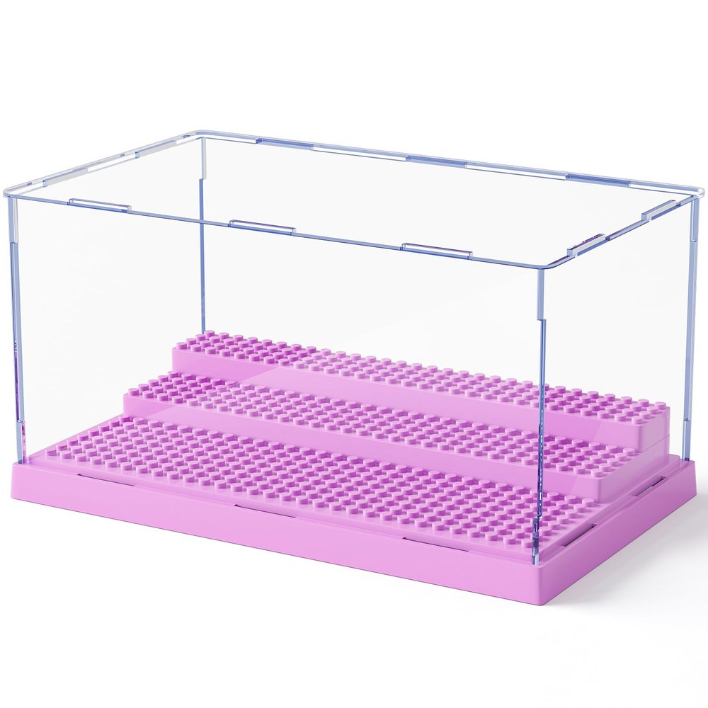 Mlikero Display Case for Minifigures Action Figures Blocks, Clear Dustproof Acrylic Display Box Storage with 3 Movable Steps Gifts for Children,Purple