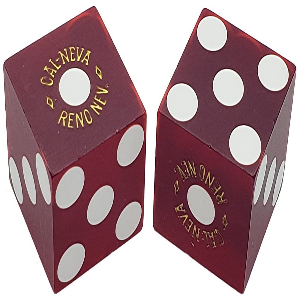 Authentic Nevada Craps Dice - Wide Selection Genuine Casino Table-Played Dice Pairs from Lake Tahoe, Reno & Other Nevada Destinations (Matching, Reno Cal Neva - Dark Red Frosted)
