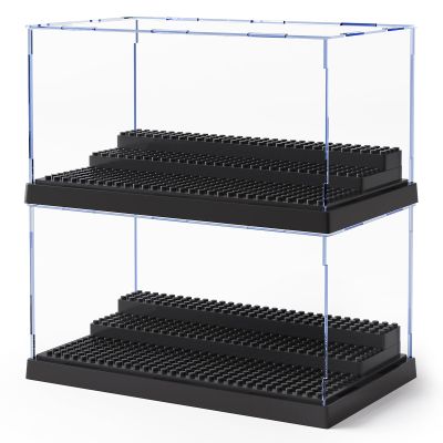 2 Pack Minifigure Display Case for Action Figures Blocks, Clear Dustproof Acrylic Display Box Storage with 3 Movable Steps Gifts for Children,Black