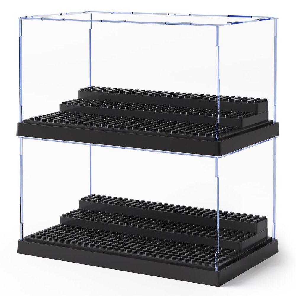 2 Pack Minifigure Display Case for Action Figures Blocks, Clear Dustproof Acrylic Display Box Storage with 3 Movable Steps Gifts for Children,Black