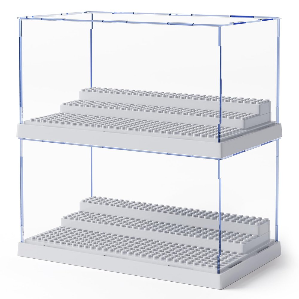 Mlikero 2 Pack Display Case for Minifigures Action Figures Blocks, Clear Dustproof Acrylic Display Box Storage with 3 Movable Steps Gifts for Children,Gray