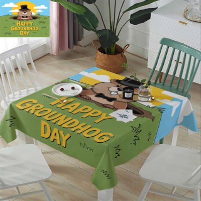 ZOE GARDEN Square Tablecloth Waterproof & Stainproof Tablecloths, Happy Groundhog Day Washable Polyester Table Cloth Wrinkle-Free Fabric Table Cover for Dining/Party/Wedding Spring Green Blue Holiday